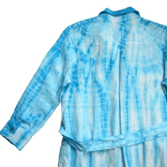 L'Agence Cameron in Aqua Bamboo Tie Dye Linen Belted Maxi Shirt Dress M